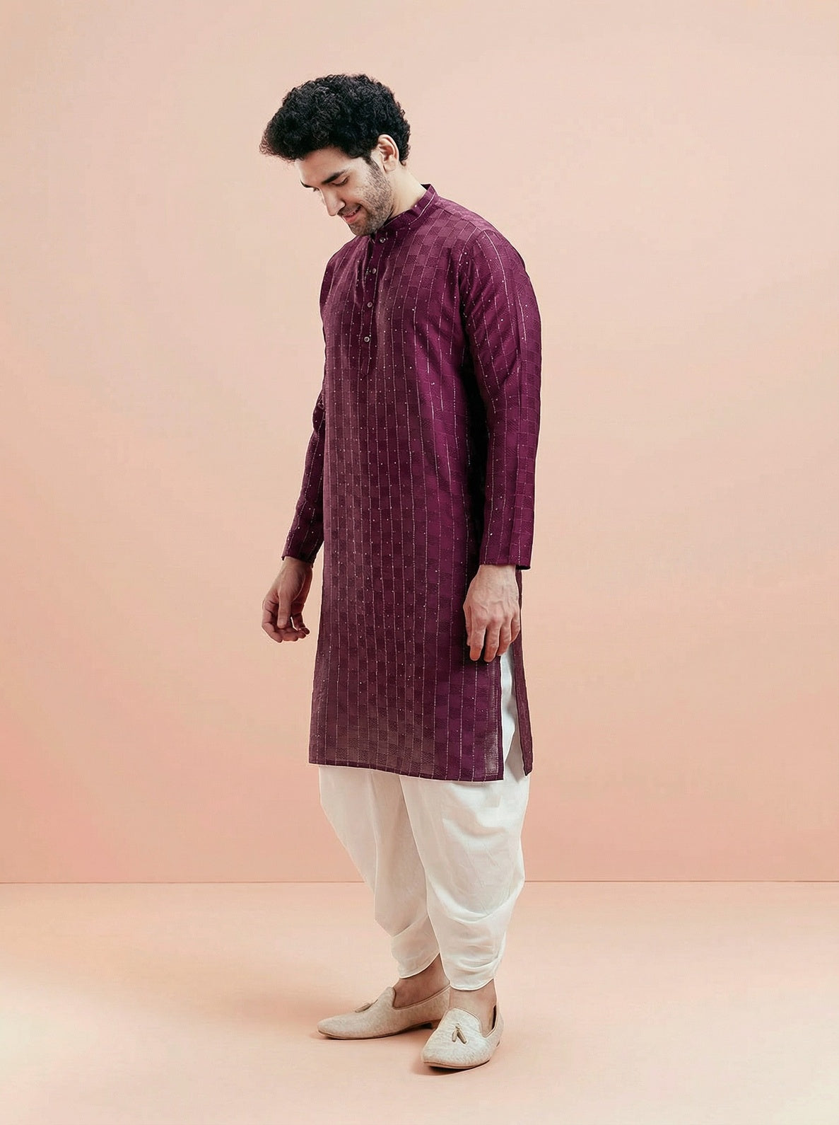 Maroon Silk Blend Textured Kurta Dhoti Set