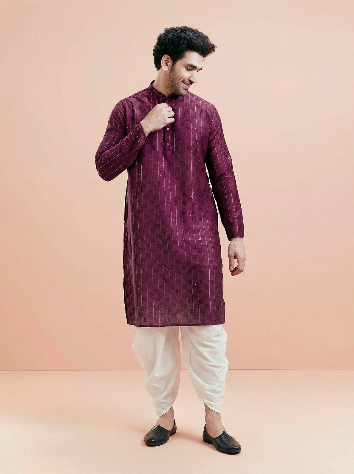 Maroon Silk Blend Textured Kurta Dhoti Set