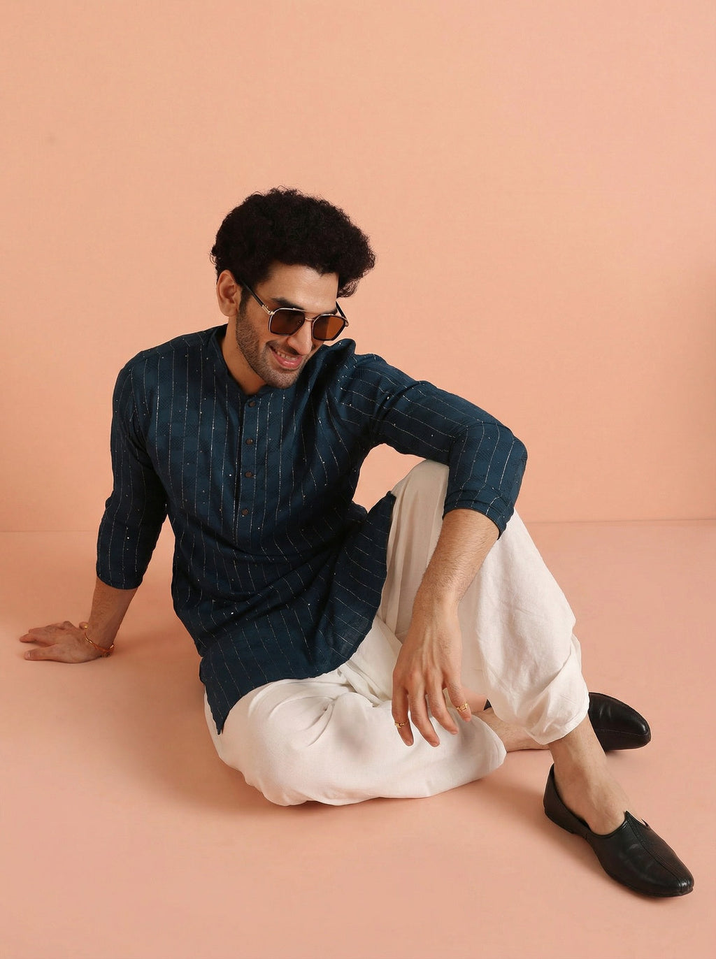 Blue Silk Blend Textured Kurta Dhoti Set