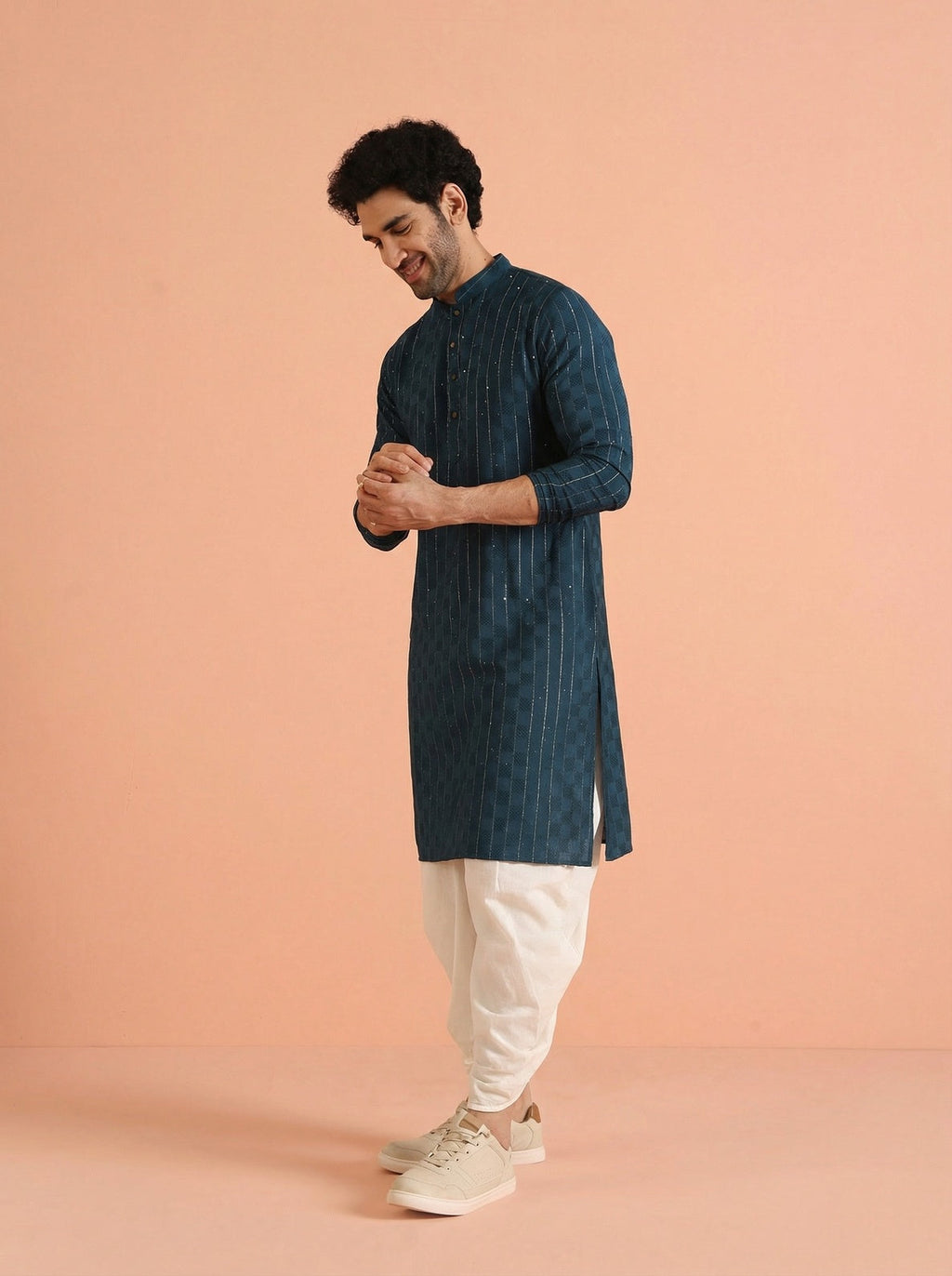 Blue Silk Blend Textured Kurta Dhoti Set