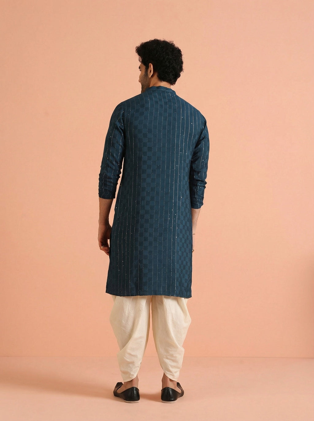 Blue Silk Blend Textured Kurta Dhoti Set