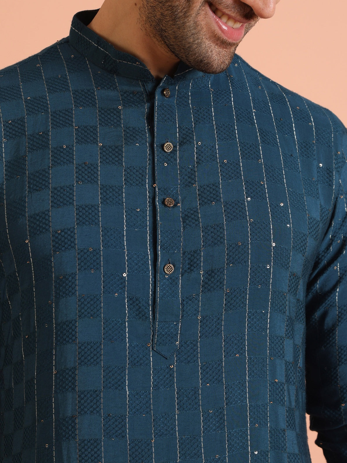 Blue Silk Blend Textured Kurta Dhoti Set