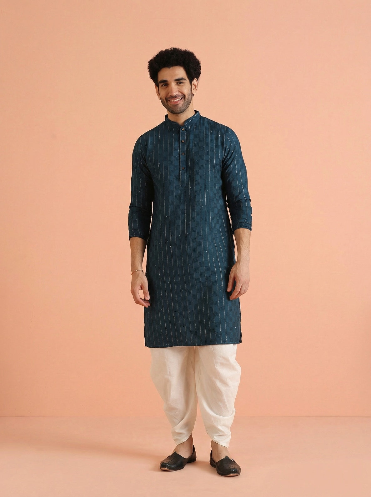 Blue Silk Blend Textured Kurta Dhoti Set