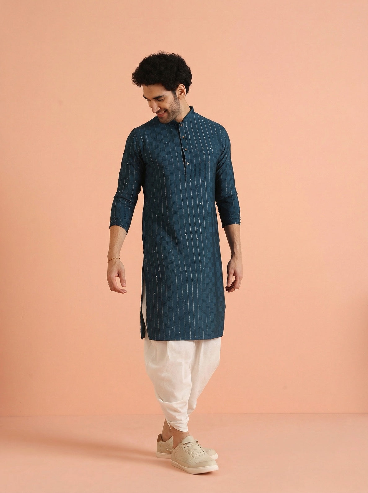Blue Silk Blend Textured Kurta Dhoti Set