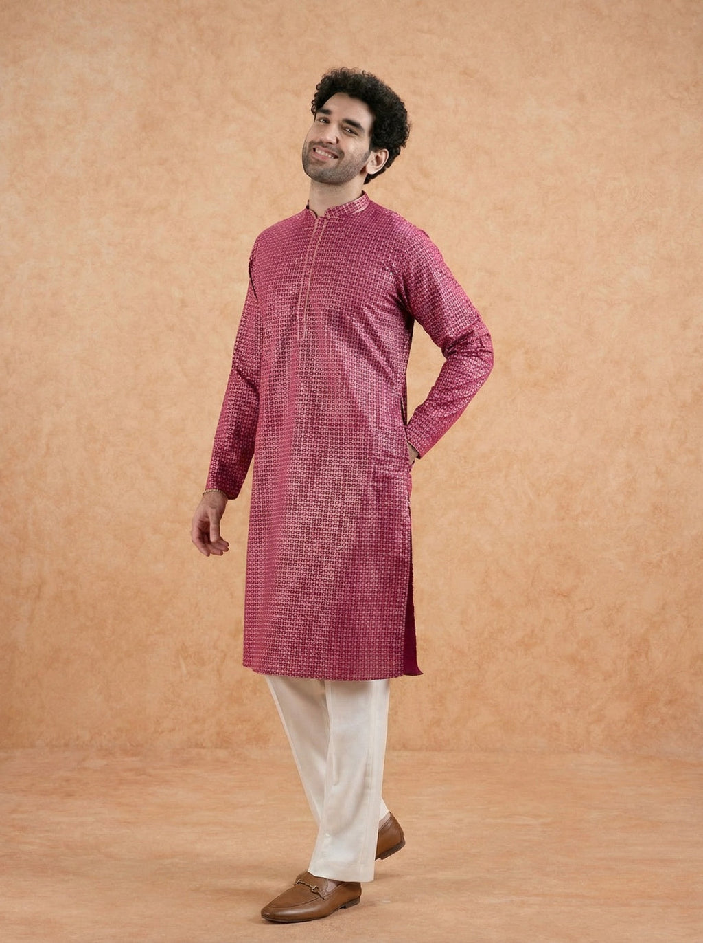 Pink Silk Blend Printed Kurta Wide Leg Trouser Set