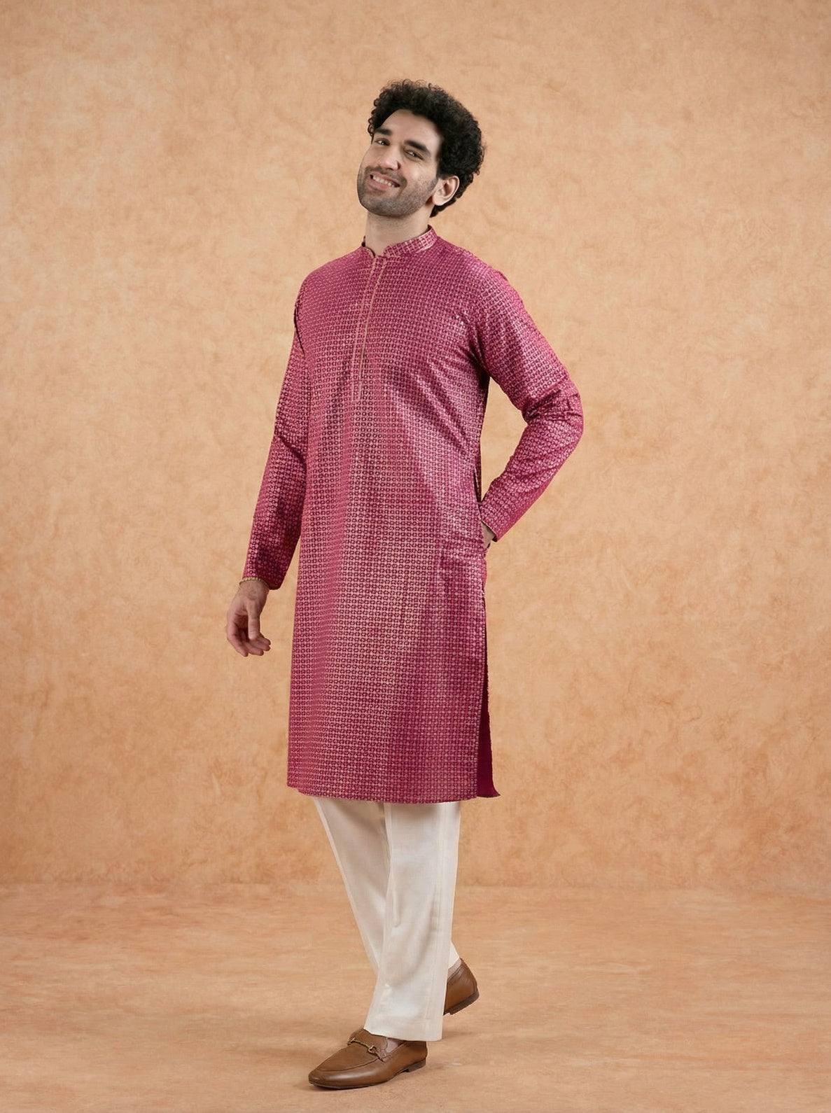 Pink Silk Blend Printed Kurta Wide Leg Trouser Set