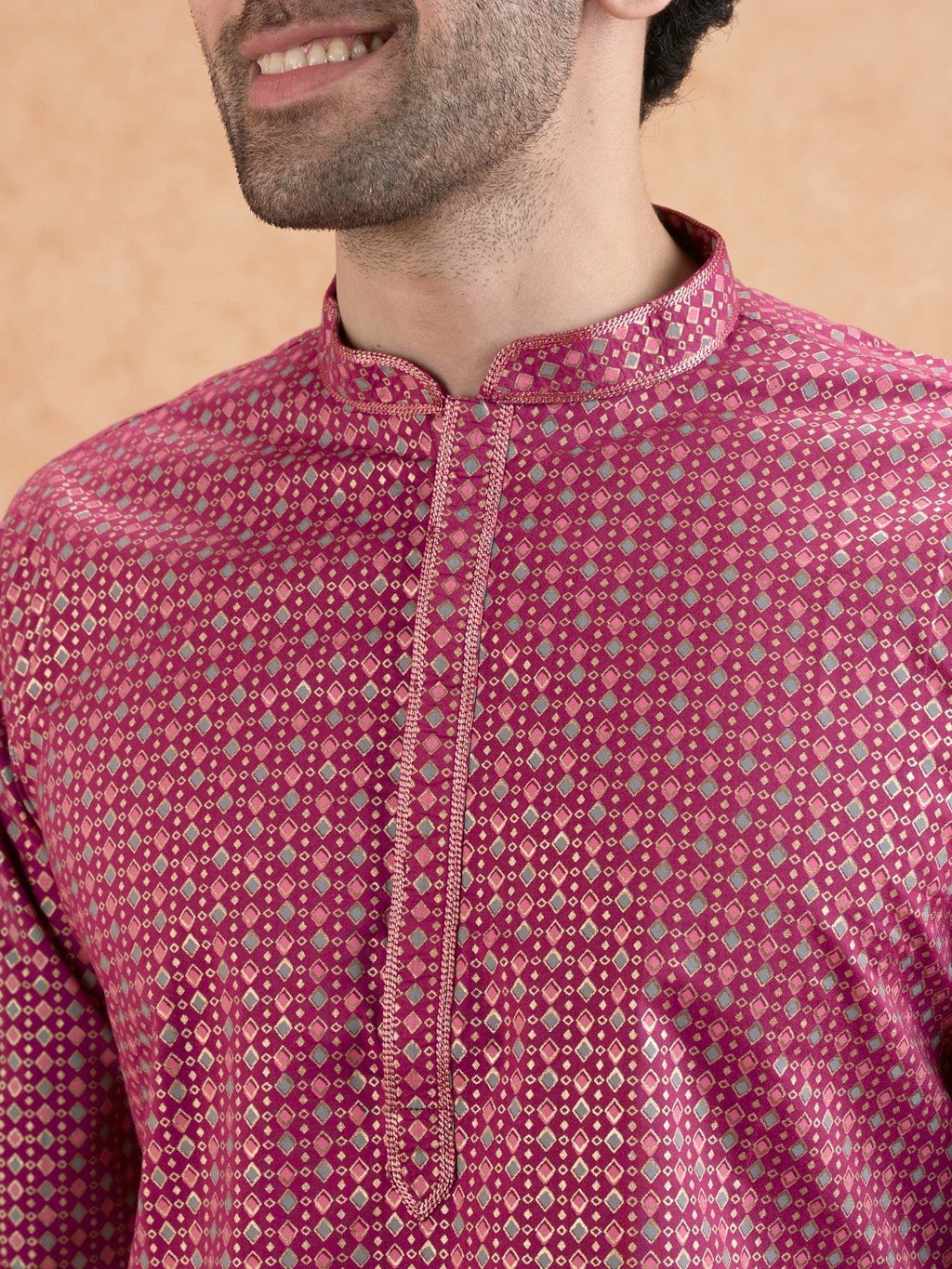 Pink Silk Blend Printed Kurta Wide Leg Trouser Set