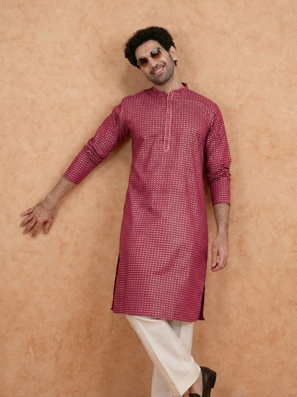 Pink Silk Blend Printed Kurta Wide Leg Trouser Set