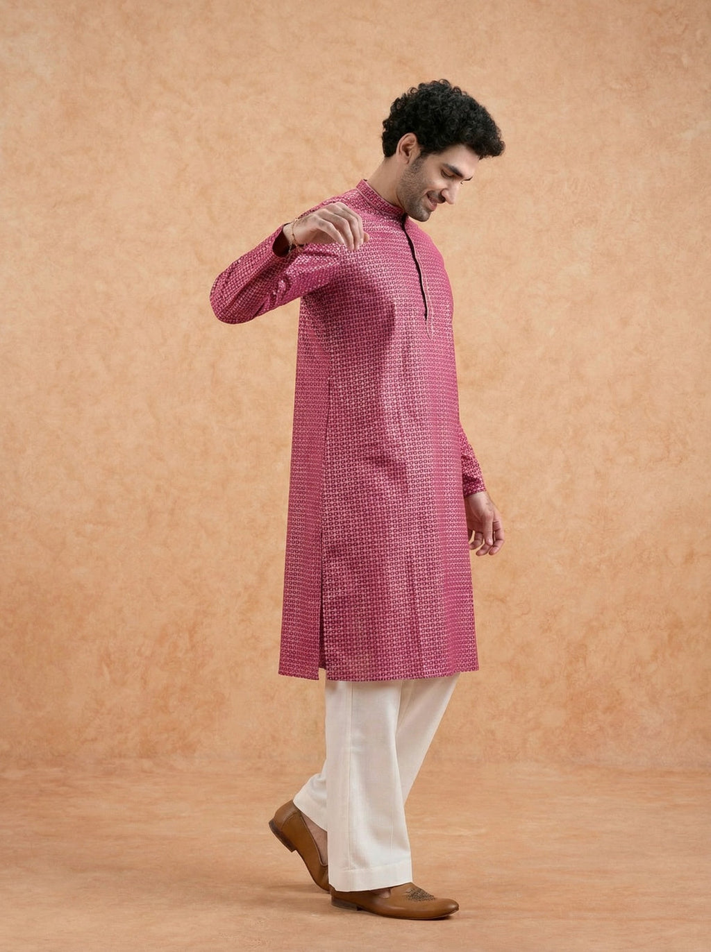 Pink Silk Blend Printed Kurta Wide Leg Trouser Set