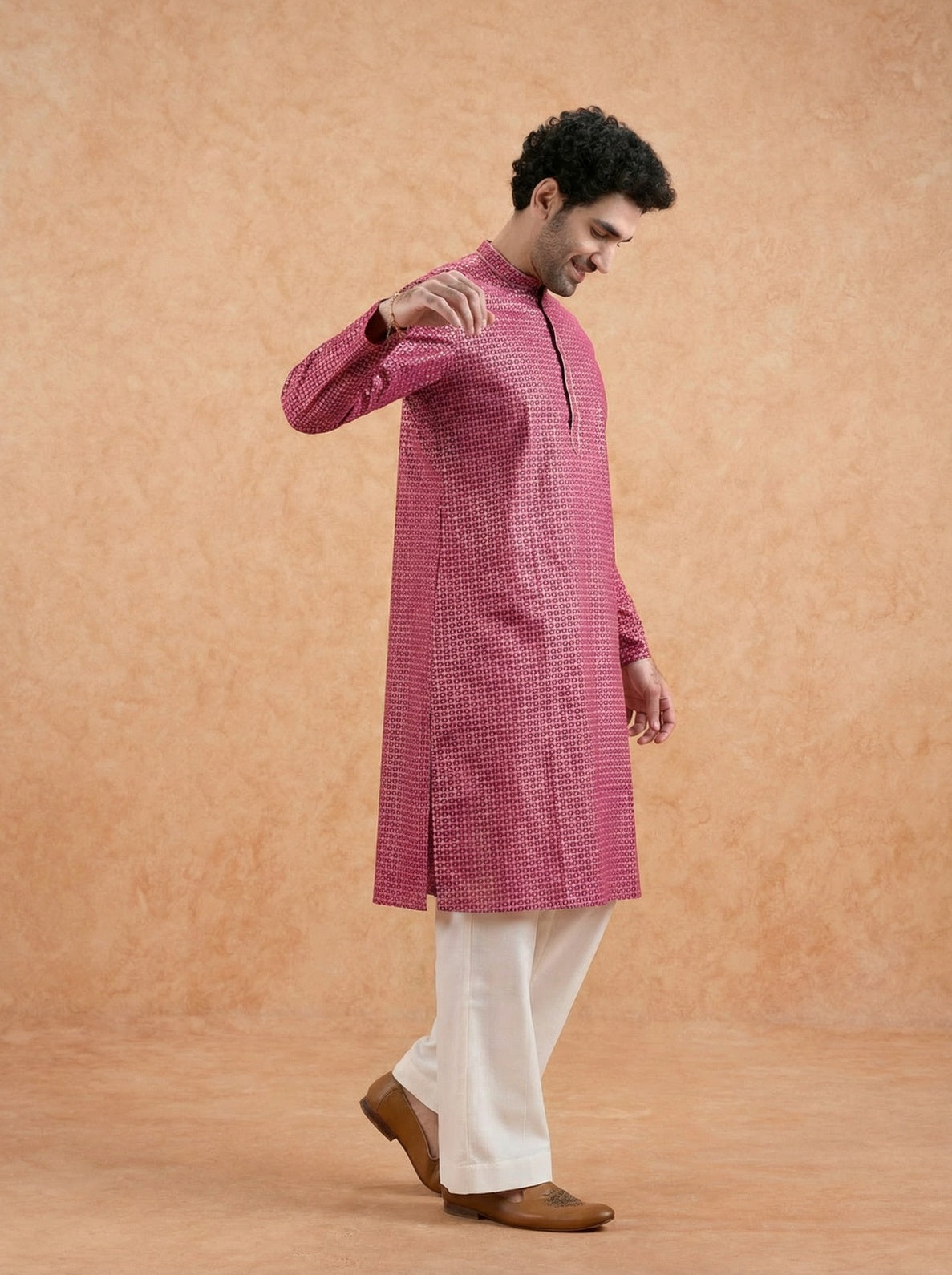 Pink Silk Blend Printed Kurta Wide Leg Trouser Set