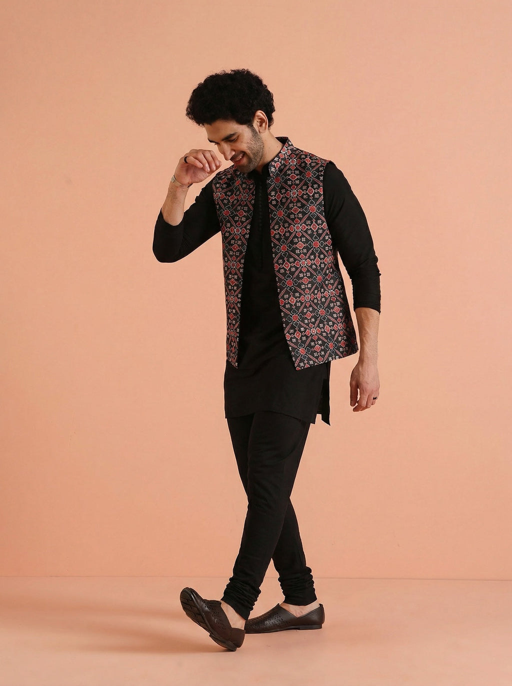 Black Cotton Blend Printed Mid Kurta Front Open Jacket Churidar Set