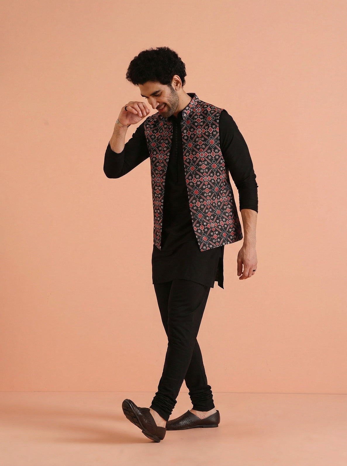 Black Cotton Blend Printed Mid Kurta Front Open Jacket Churidar Set