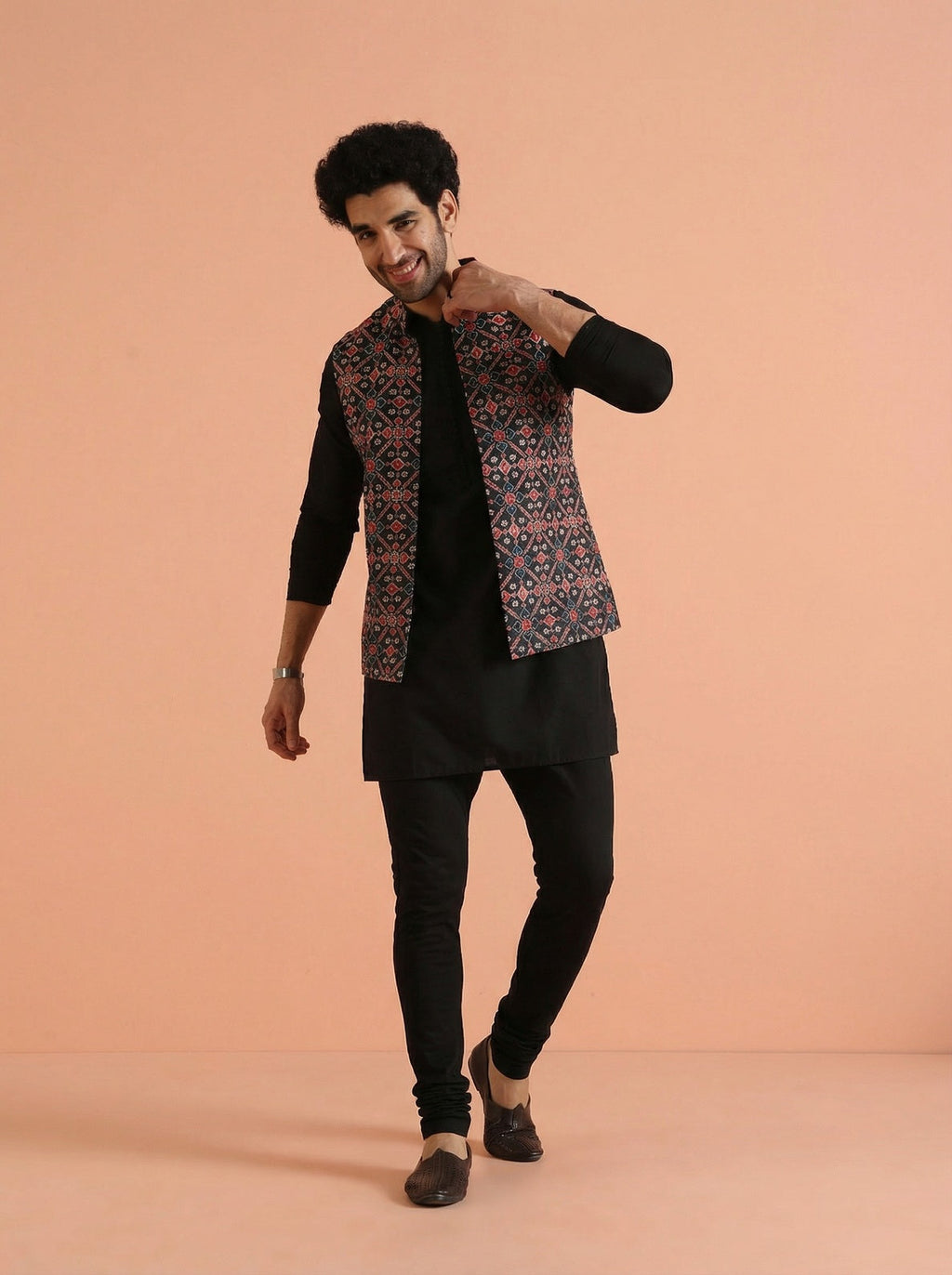 Black Cotton Blend Printed Mid Kurta Front Open Jacket Churidar Set