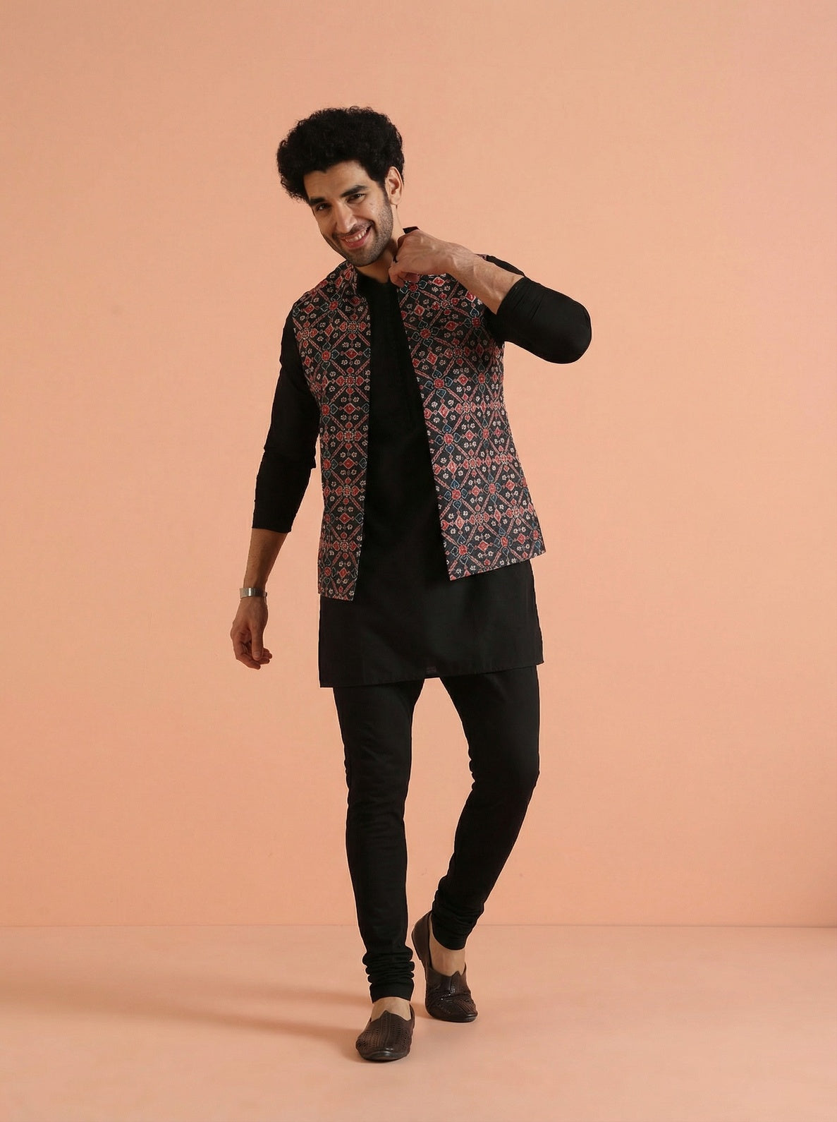 Black Cotton Blend Printed Mid Kurta Front Open Jacket Churidar Set