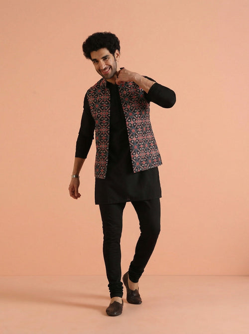 Black Cotton Blend Printed Mid Kurta Front Open Jacket Churidar Set