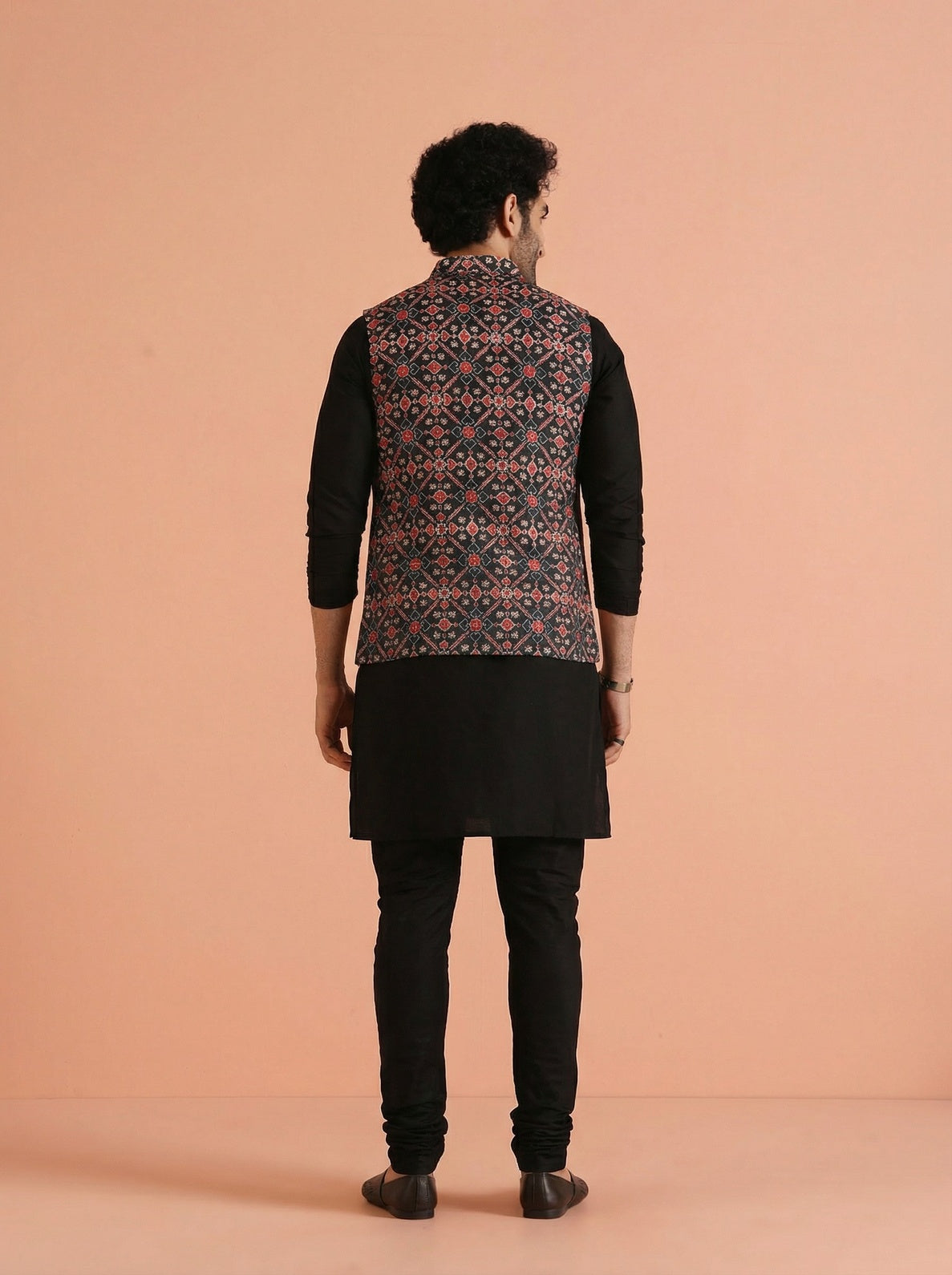 Black Cotton Blend Printed Mid Kurta Front Open Jacket Churidar Set