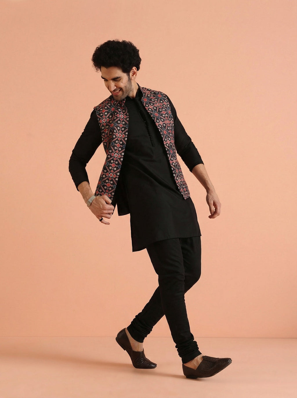 Black Cotton Blend Printed Mid Kurta Front Open Jacket Churidar Set