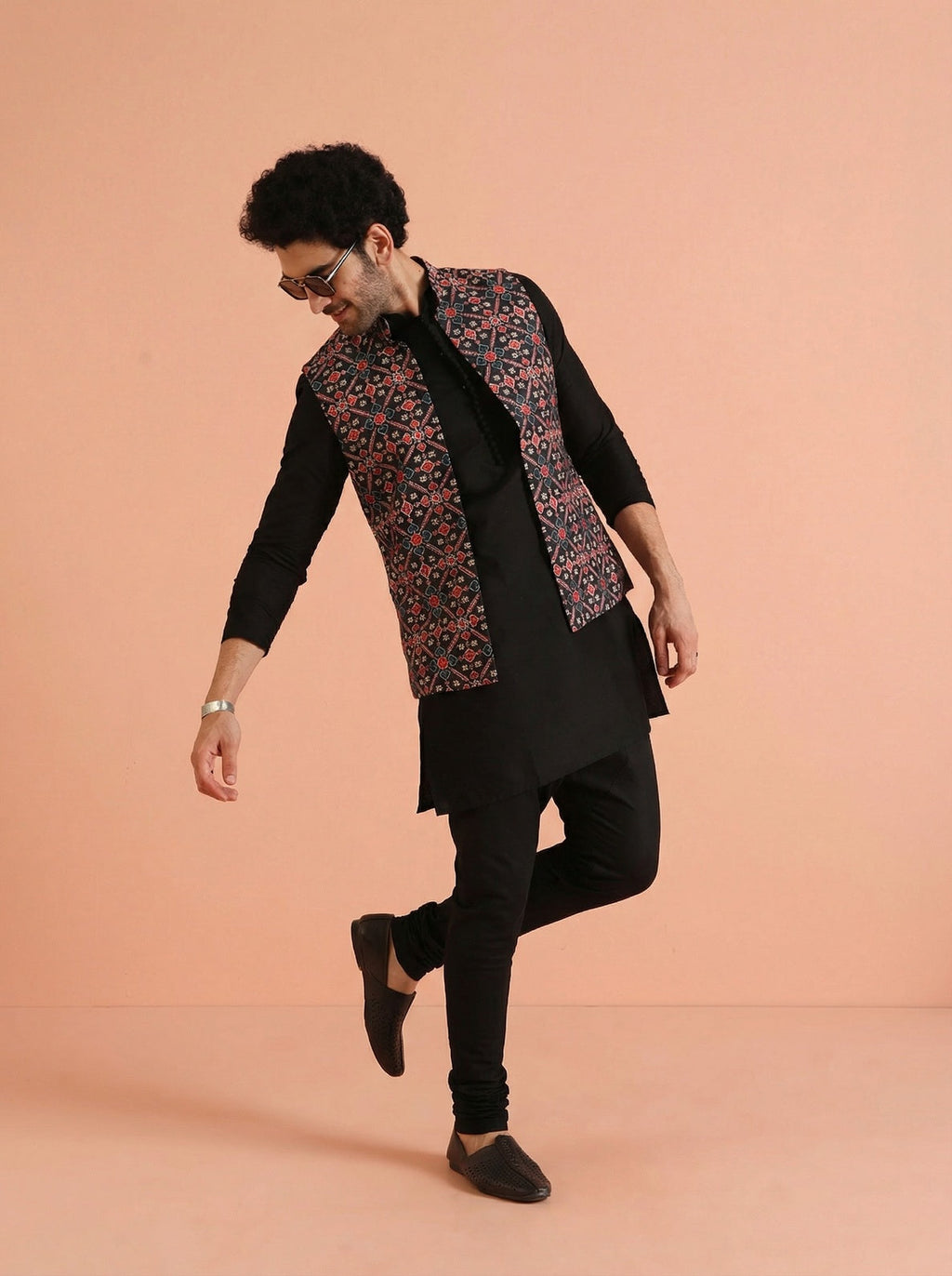 Black Cotton Blend Printed Mid Kurta Front Open Jacket Churidar Set