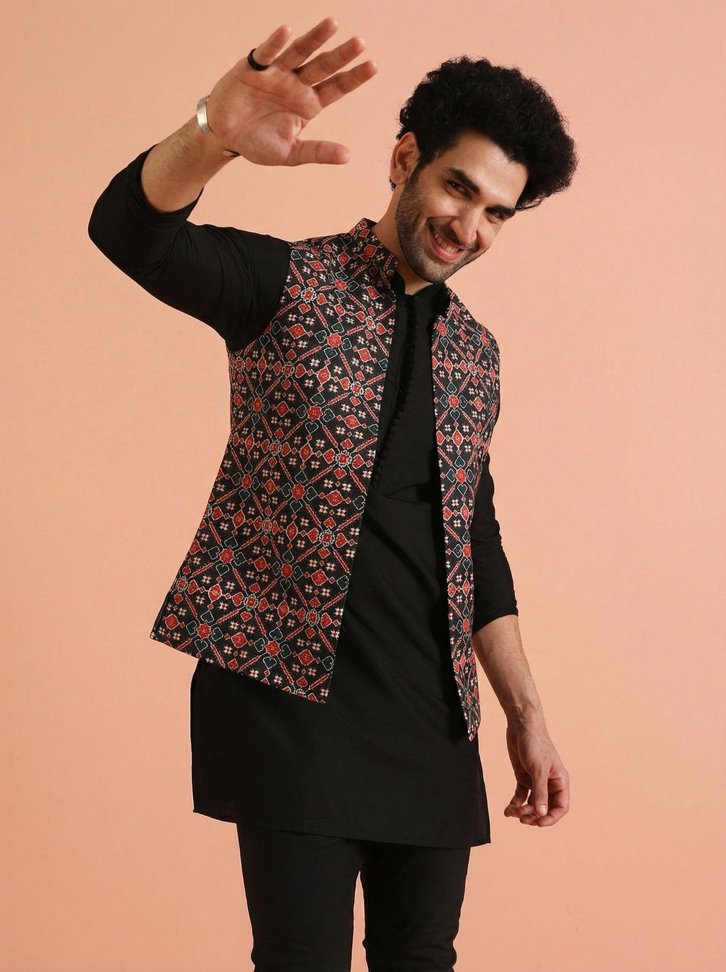 Black Cotton Blend Printed Mid Kurta Front Open Jacket Churidar Set