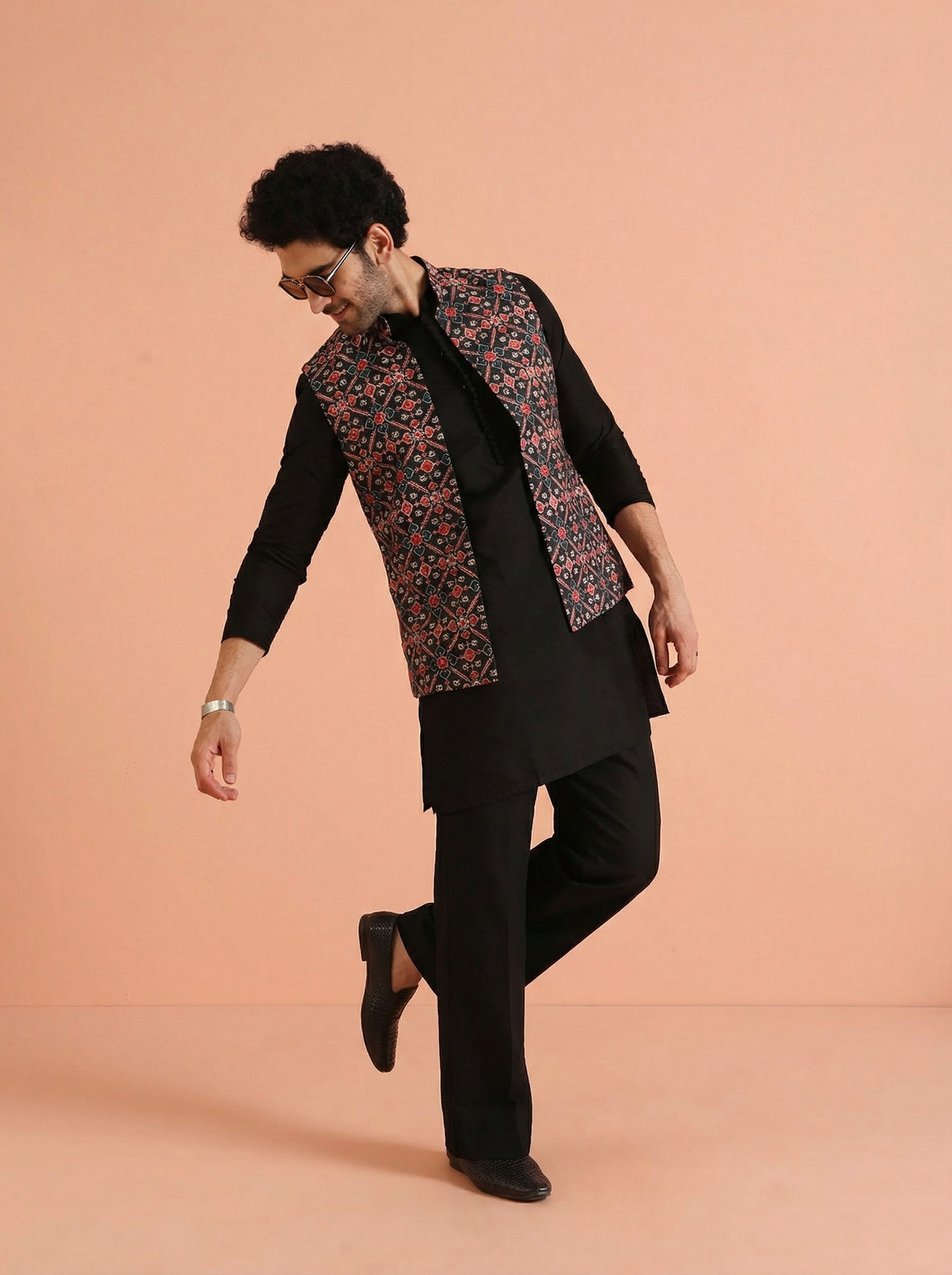 Black Multicolor Cotton Blend Printed Mid Kurta Front Open Jacket Wide Leg Trouser Set