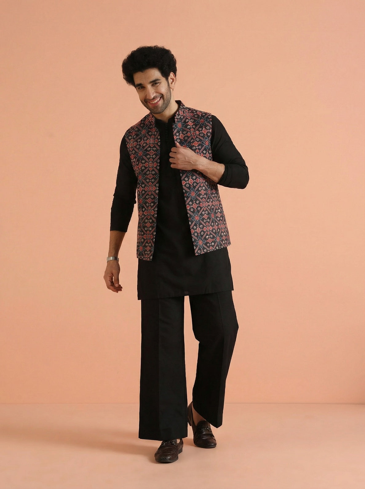 Black Multicolor Cotton Blend Printed Mid Kurta Front Open Jacket Wide Leg Trouser Set
