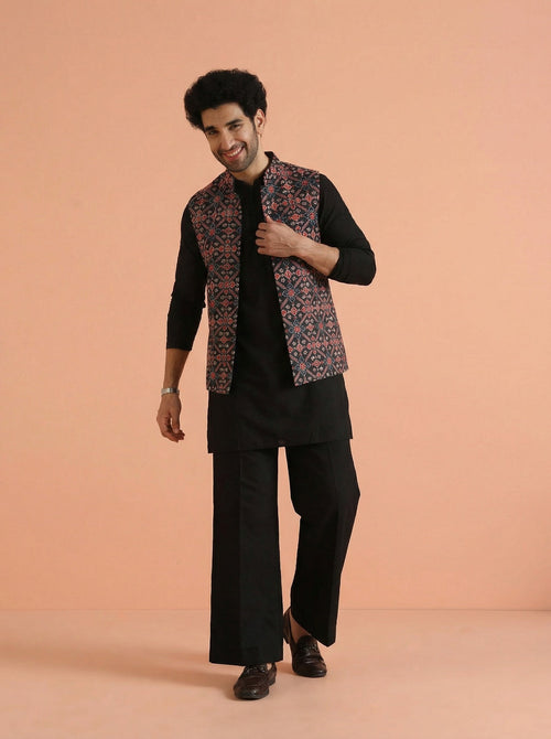 Black Multicolor Cotton Blend Printed Mid Kurta Front Open Jacket Wide Leg Trouser Set