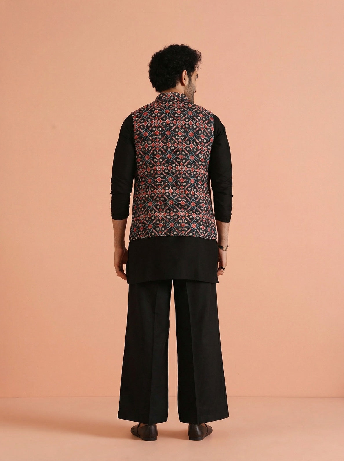 Black Multicolor Cotton Blend Printed Mid Kurta Front Open Jacket Wide Leg Trouser Set