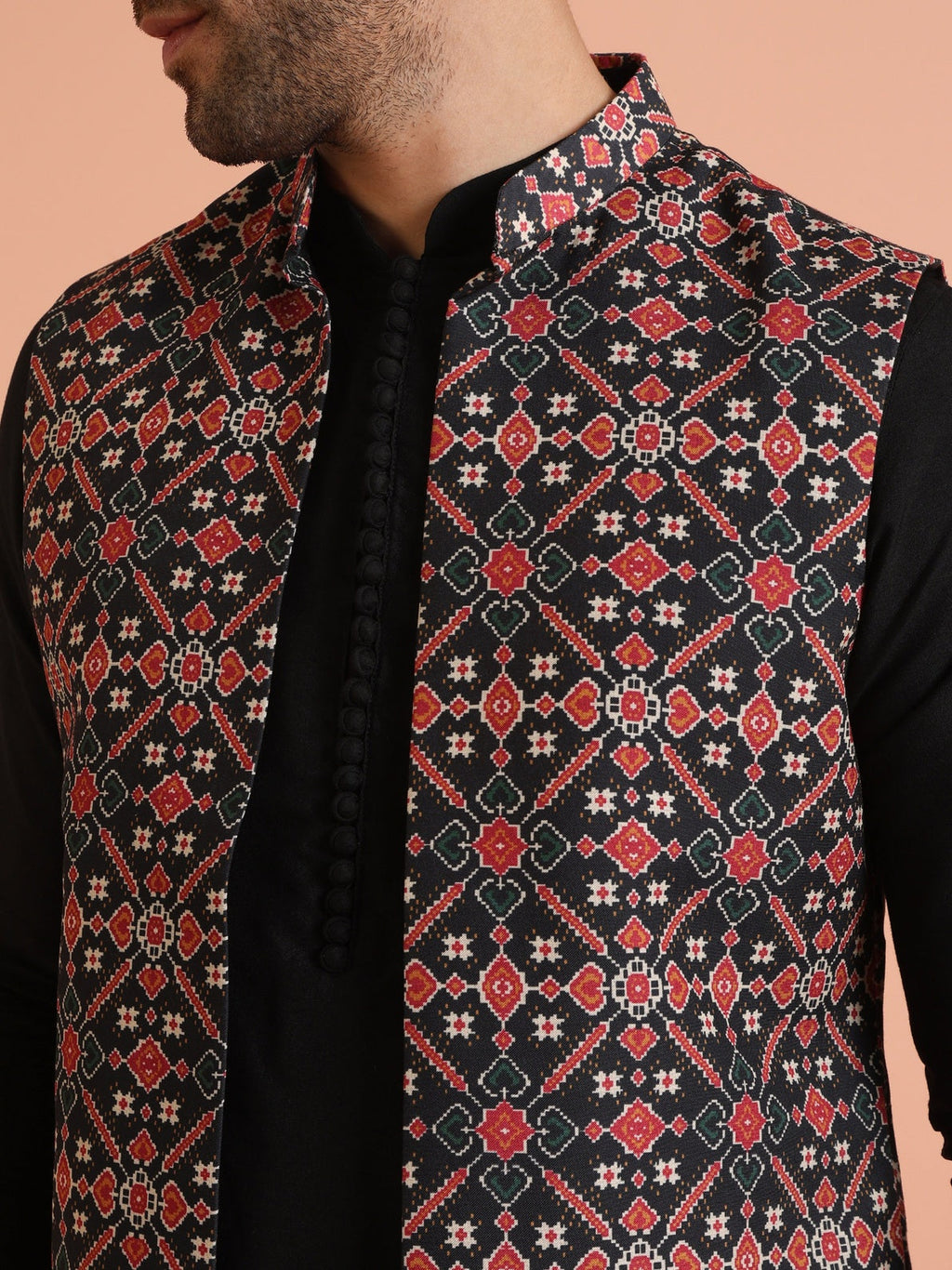 Black Multicolor Cotton Blend Printed Mid Kurta Front Open Jacket Wide Leg Trouser Set