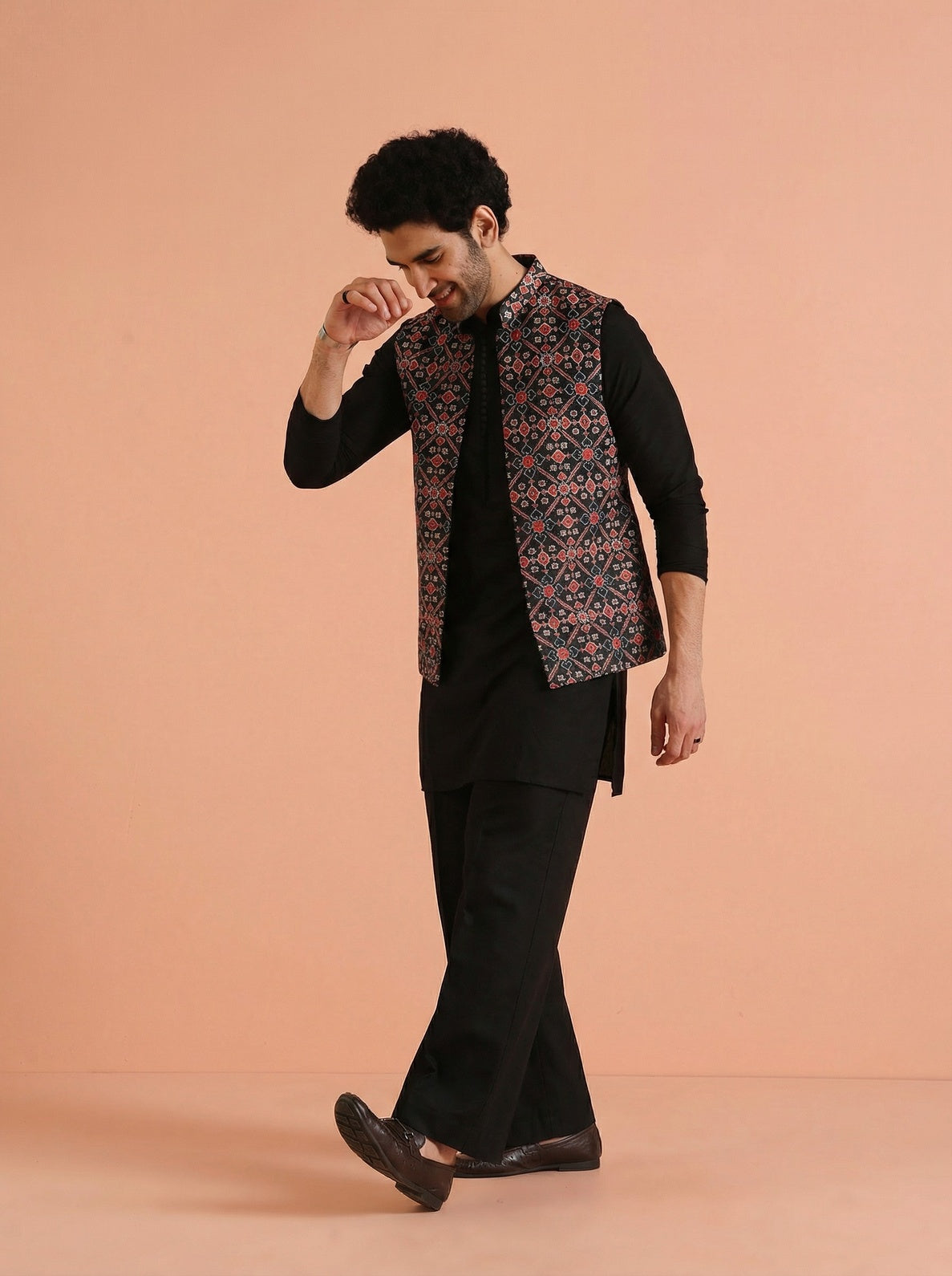 Black Multicolor Cotton Blend Printed Mid Kurta Front Open Jacket Wide Leg Trouser Set