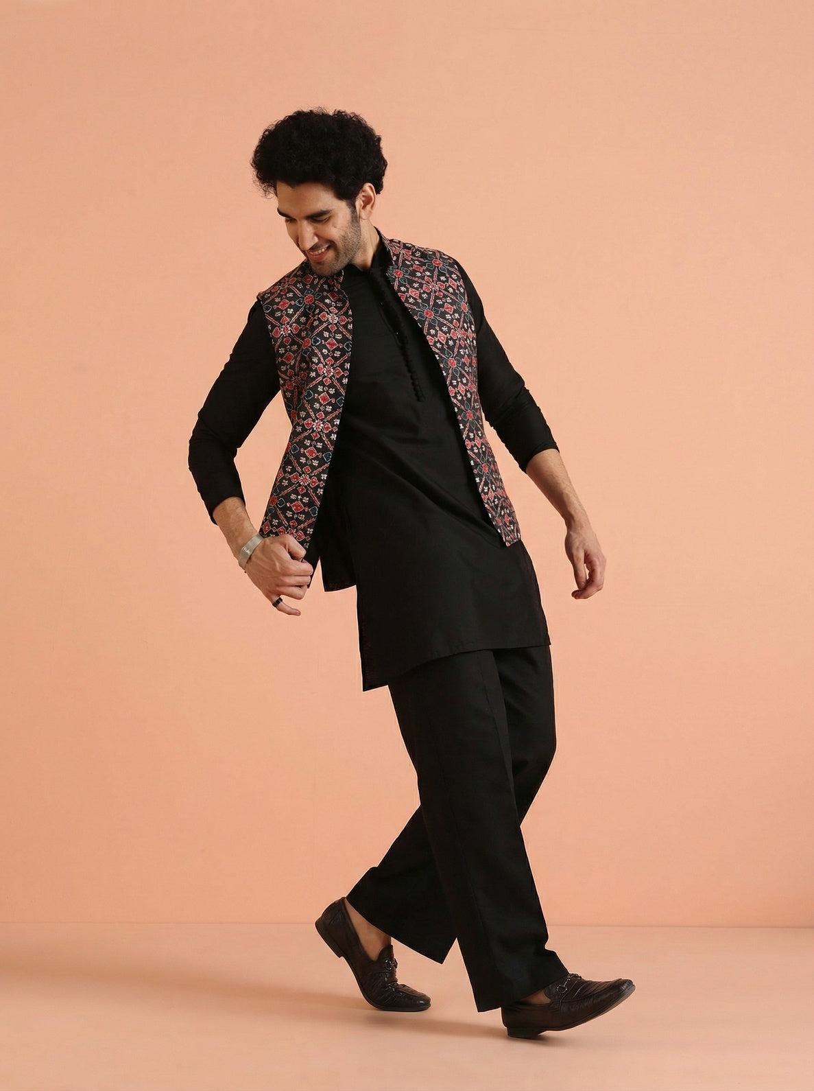 Black Multicolor Cotton Blend Printed Mid Kurta Front Open Jacket Wide Leg Trouser Set