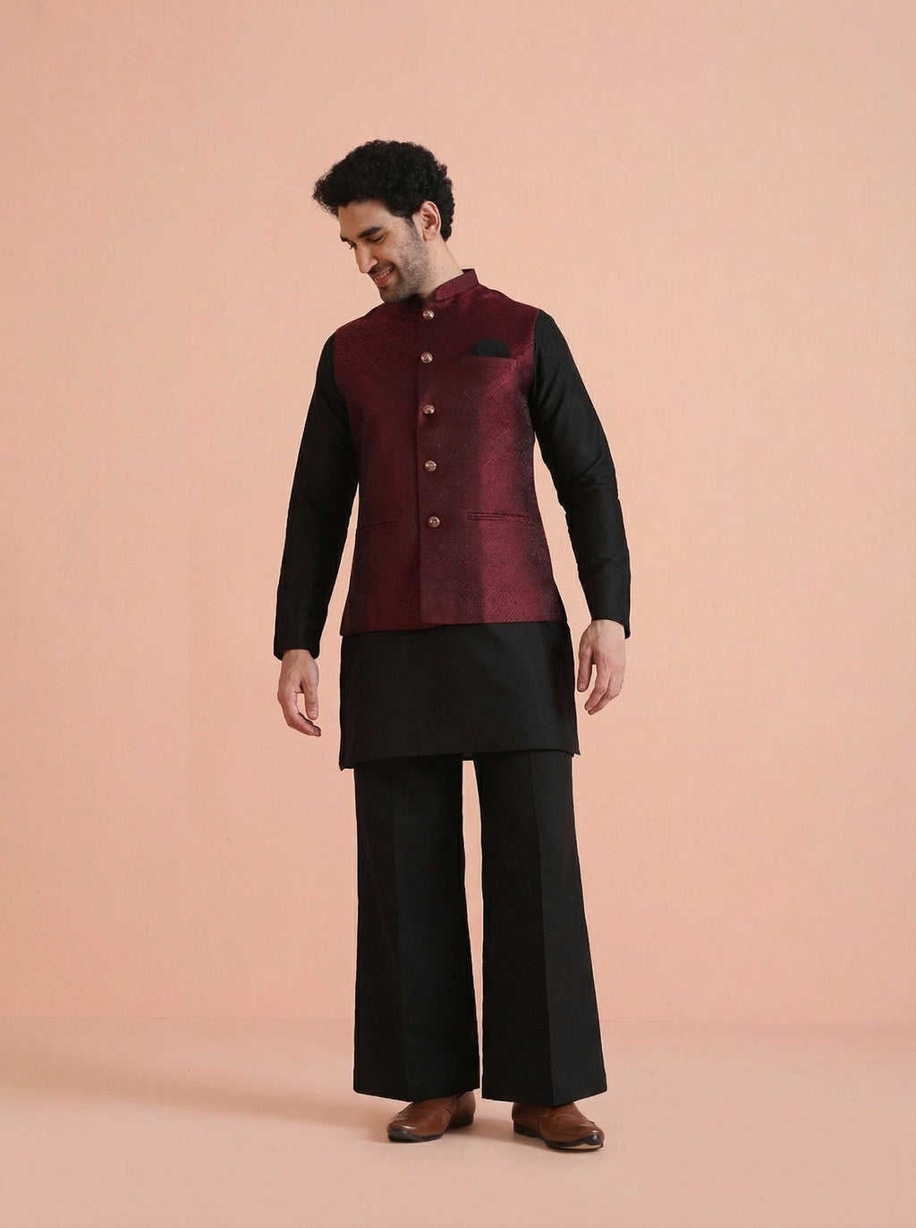 Maroon Silk Blend Textured Mid Kurta Jacket Wide Leg Trouser Set
