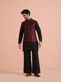 Maroon Silk Blend Textured Mid Kurta Jacket Wide Leg Trouser Set