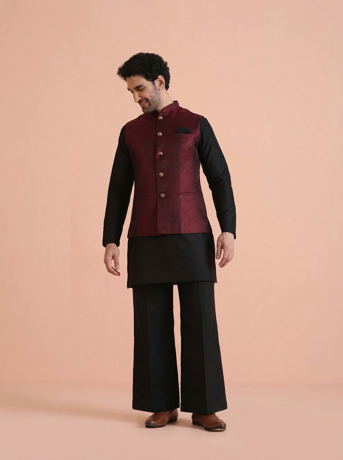 Maroon Silk Blend Textured Mid Kurta Jacket Wide Leg Trouser Set