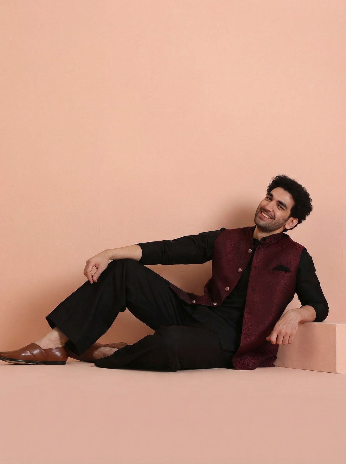 Maroon Silk Blend Textured Mid Kurta Jacket Wide Leg Trouser Set
