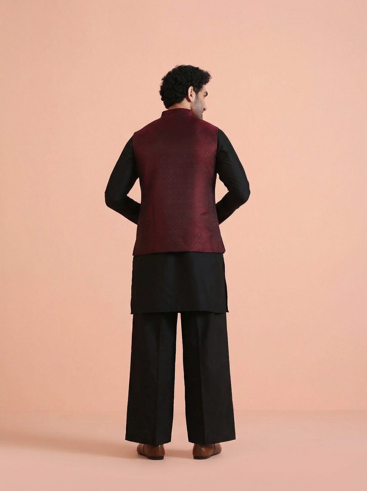 Maroon Silk Blend Textured Mid Kurta Jacket Wide Leg Trouser Set