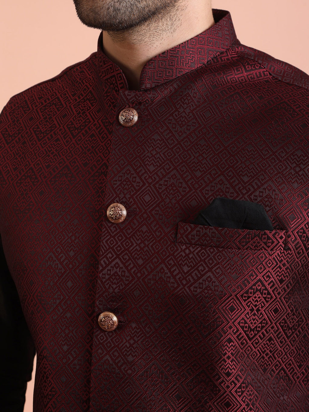 Maroon Silk Blend Textured Mid Kurta Jacket Wide Leg Trouser Set
