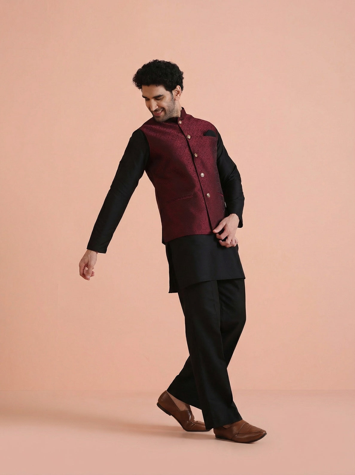 Maroon Silk Blend Textured Mid Kurta Jacket Wide Leg Trouser Set