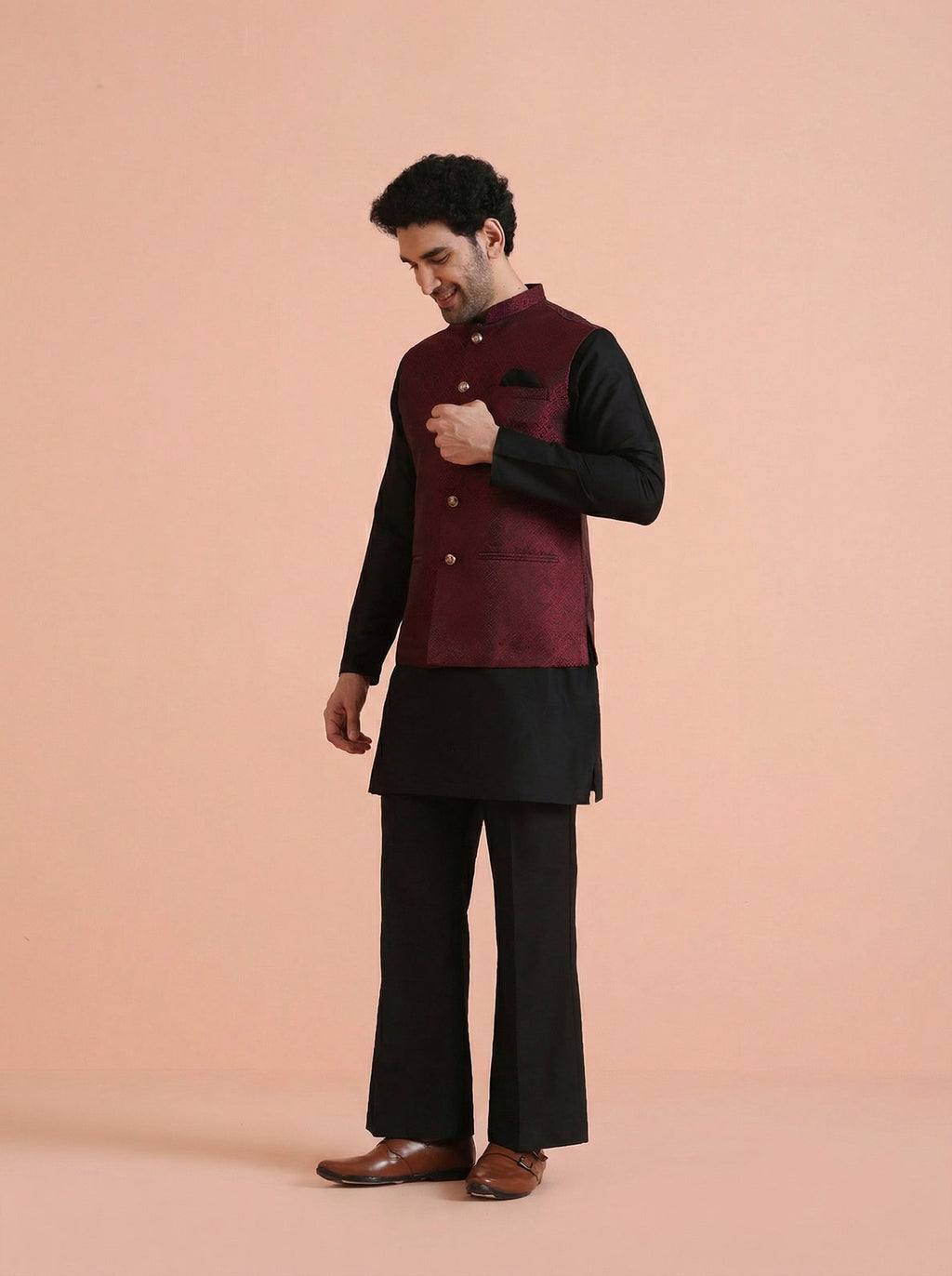 Maroon Silk Blend Textured Mid Kurta Jacket Wide Leg Trouser Set