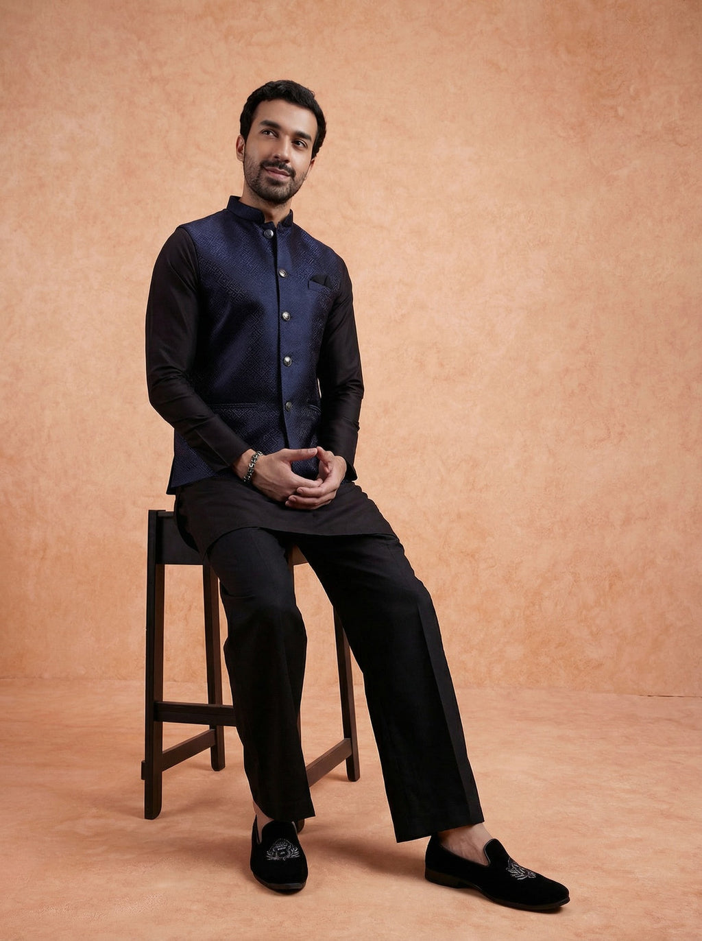 Navy Blue Silk Blend Textured Mid Kurta Jacket Wide Leg Trouser Set