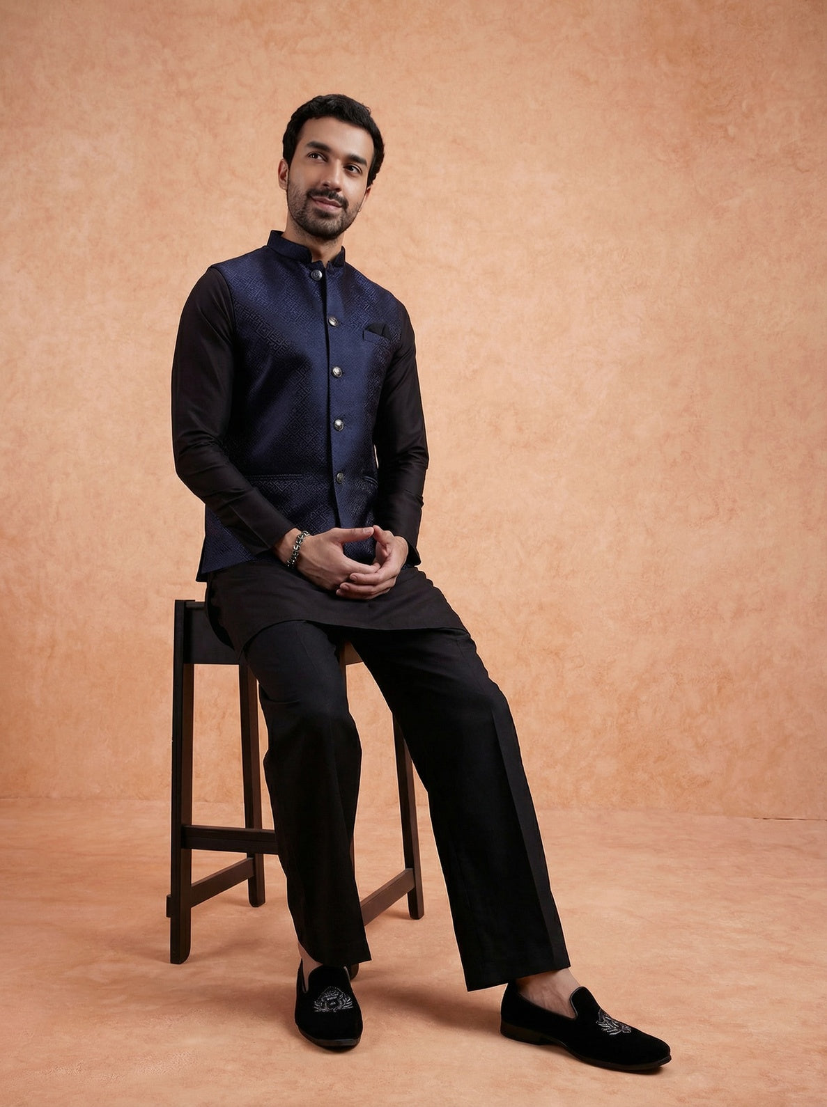 Navy Blue Silk Blend Textured Mid Kurta Jacket Wide Leg Trouser Set