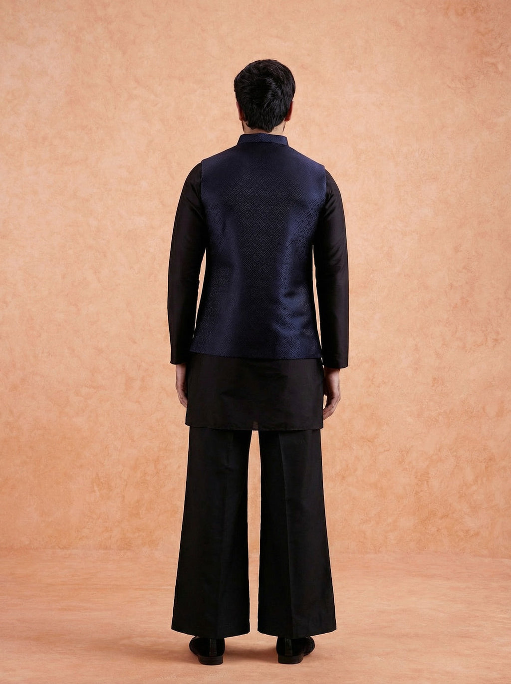 Navy Blue Silk Blend Textured Mid Kurta Jacket Wide Leg Trouser Set