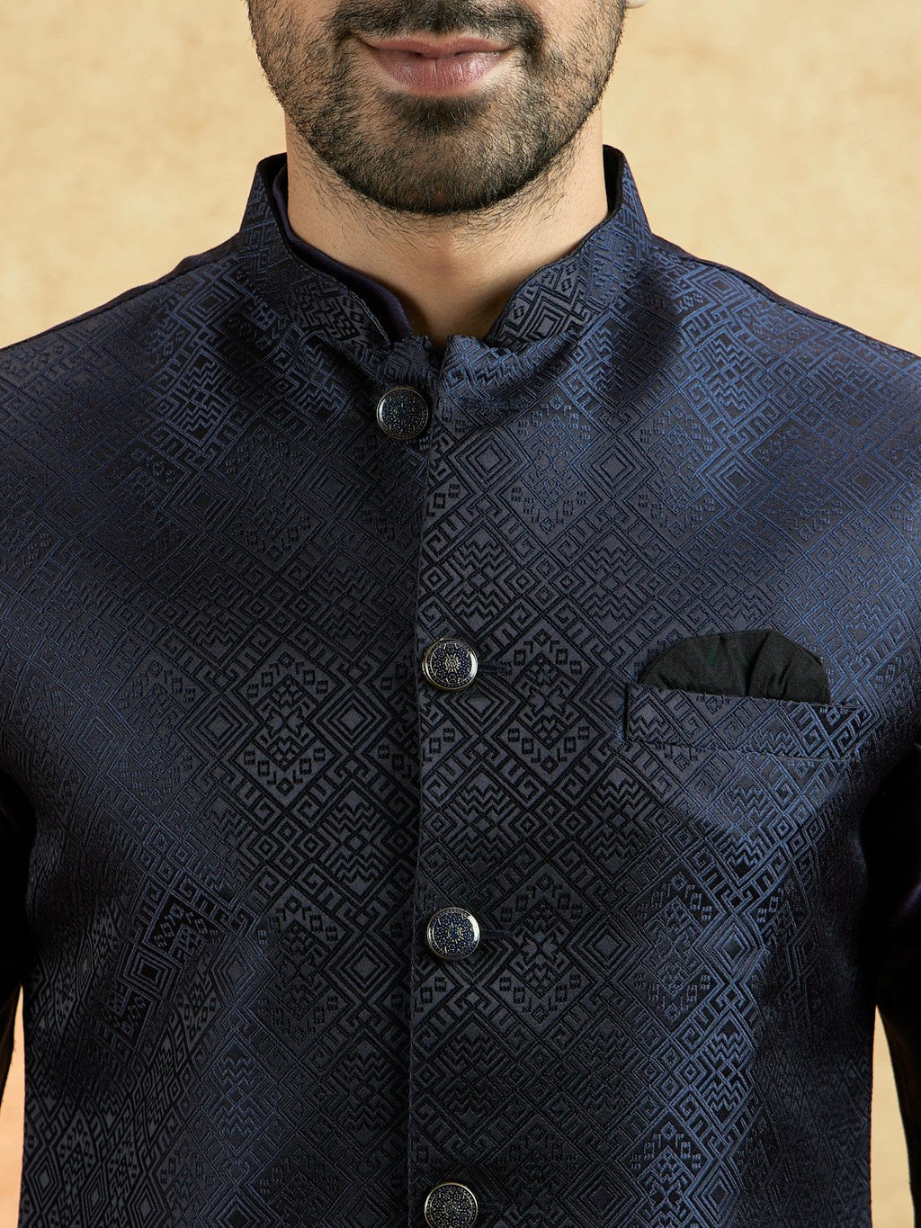 Navy Blue Silk Blend Textured Mid Kurta Jacket Wide Leg Trouser Set
