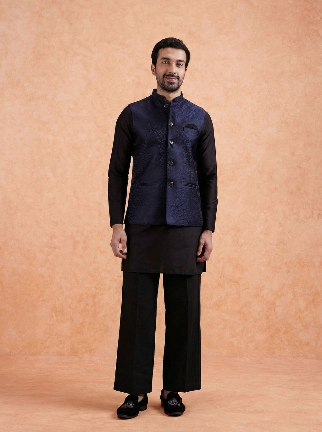 Navy Blue Silk Blend Textured Mid Kurta Jacket Wide Leg Trouser Set