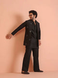 Black Silk Blend Jacquard Mid Kurta Front Open Jacket Wide Leg Trouser Set