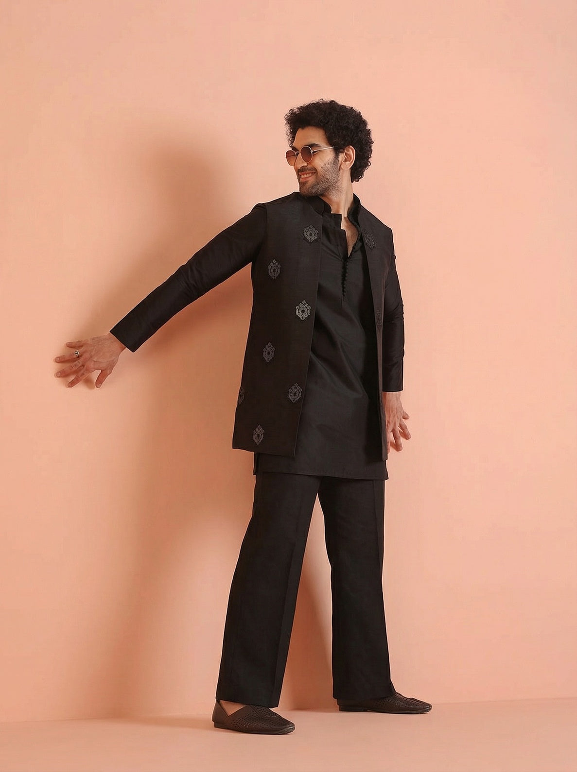 Black Silk Blend Jacquard Mid Kurta Front Open Jacket Wide Leg Trouser Set
