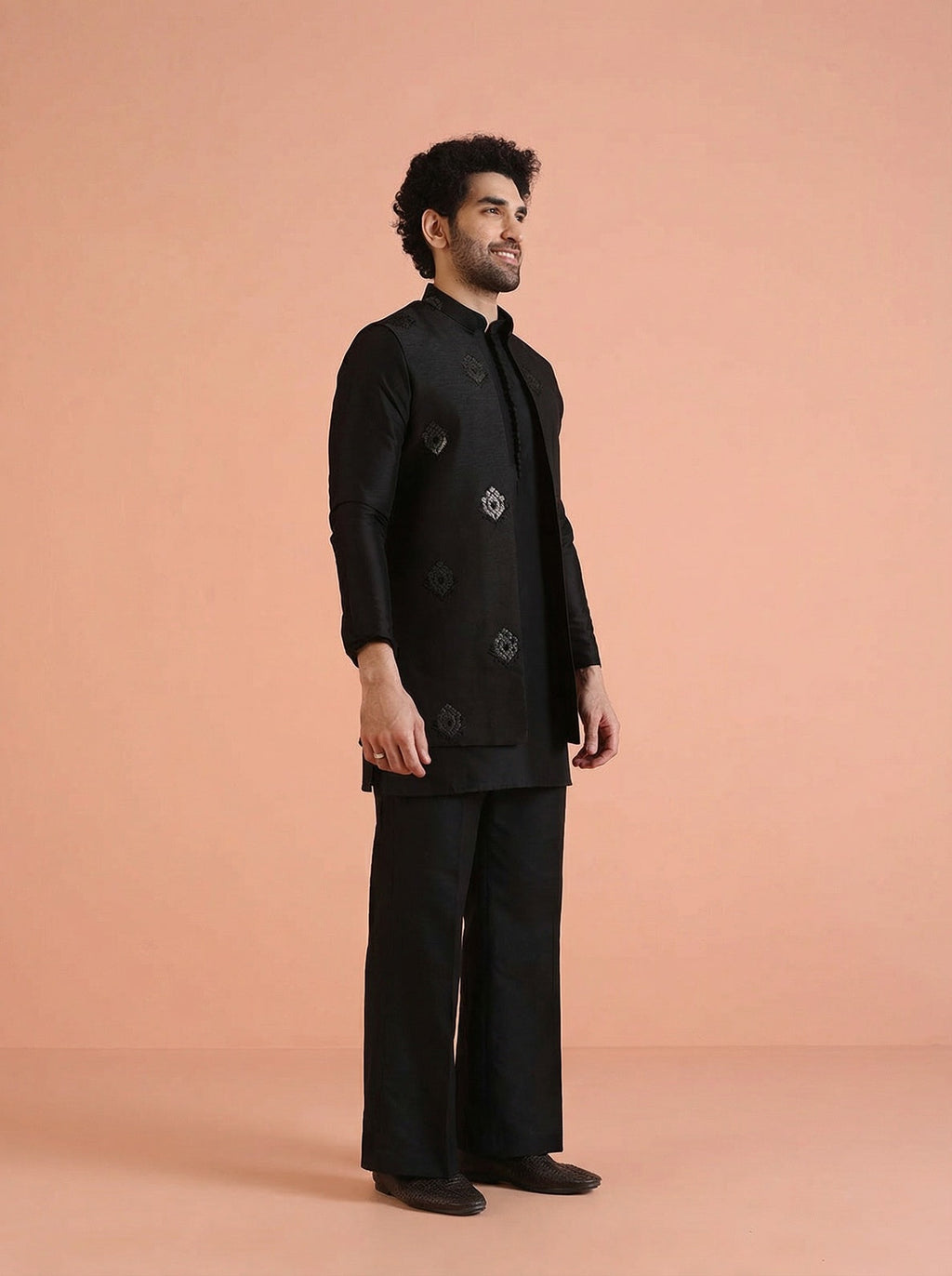 Black Silk Blend Jacquard Mid Kurta Front Open Jacket Wide Leg Trouser Set