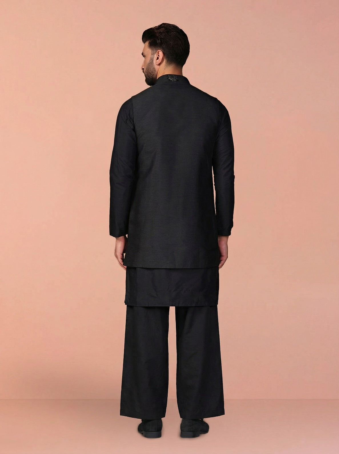 Black Silk Blend Jacquard Mid Kurta Front Open Jacket Wide Leg Trouser Set