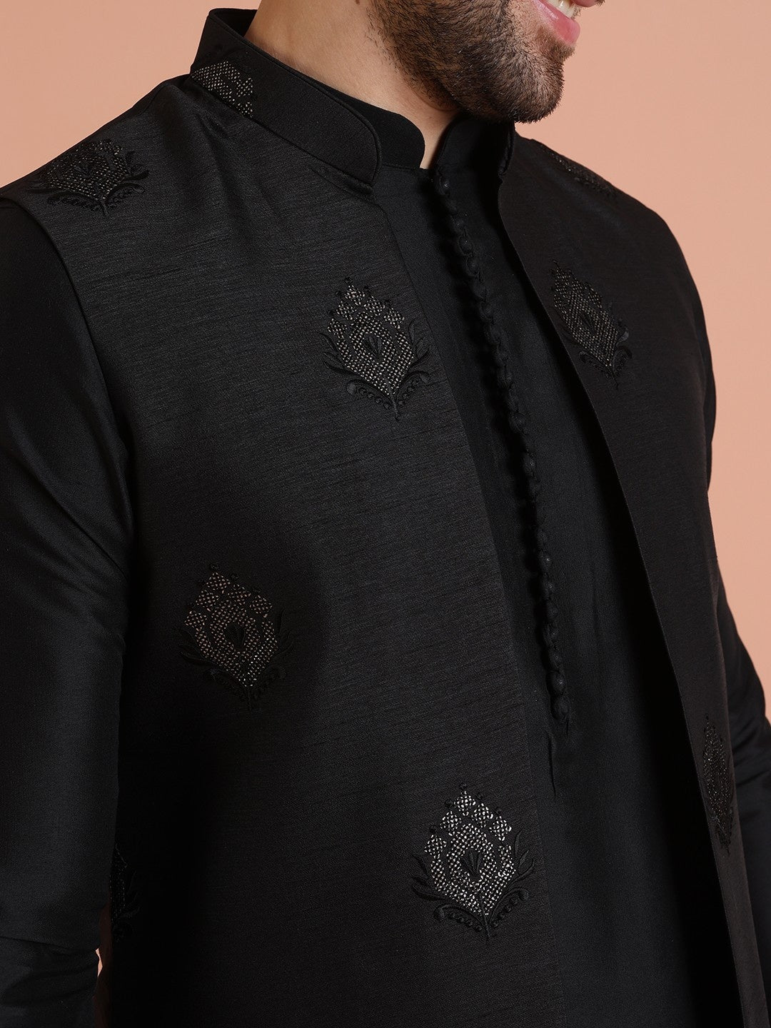 Black Silk Blend Jacquard Mid Kurta Front Open Jacket Wide Leg Trouser Set