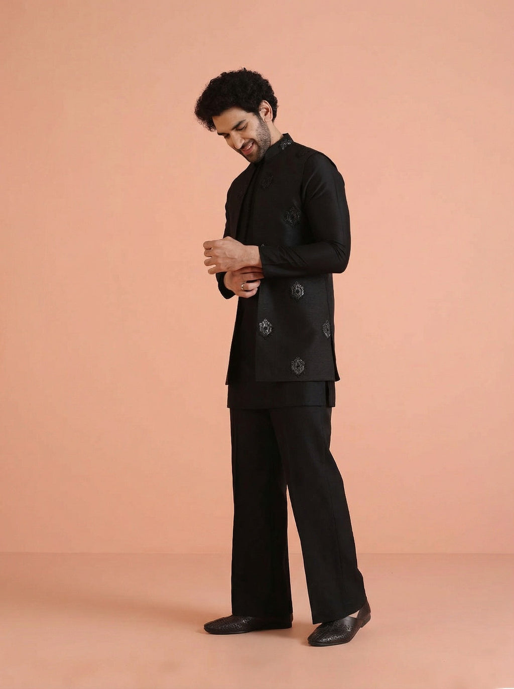 Black Silk Blend Jacquard Mid Kurta Front Open Jacket Wide Leg Trouser Set