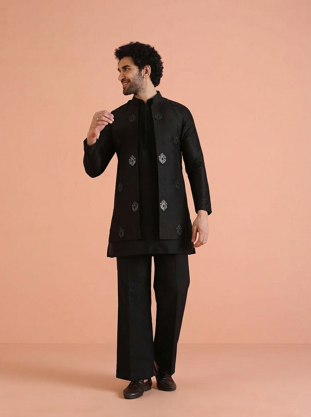 Black Silk Blend Jacquard Mid Kurta Front Open Jacket Wide Leg Trouser Set